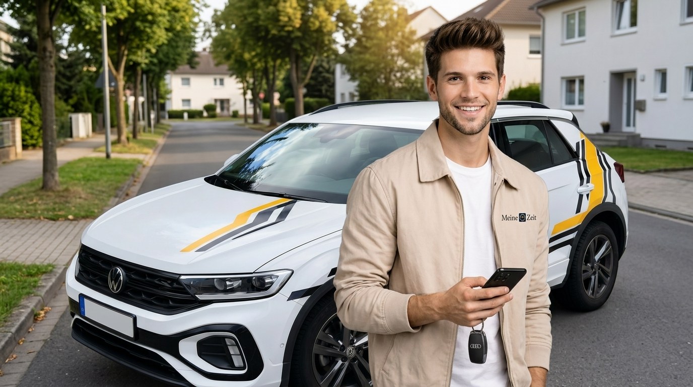 Junger Mann steht selbstbewusst neben einem Fahrschul-Auto auf der Straße und hält sein Smartphone in der Hand