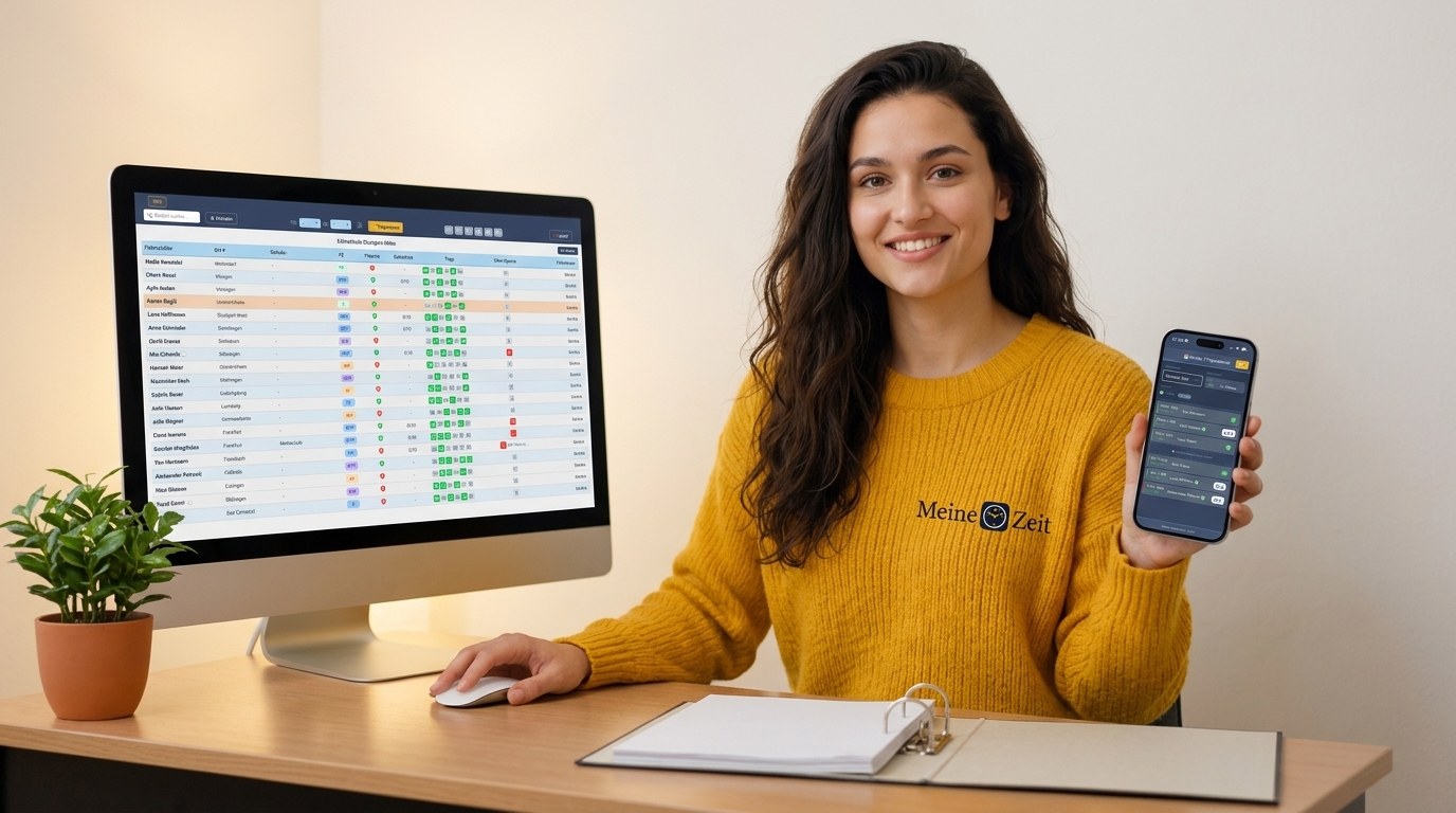 Fahrlehrerin sitzt am Schreibtisch und plant digital Fahrstunden im MeineZeit-Dashboard auf dem Monitor