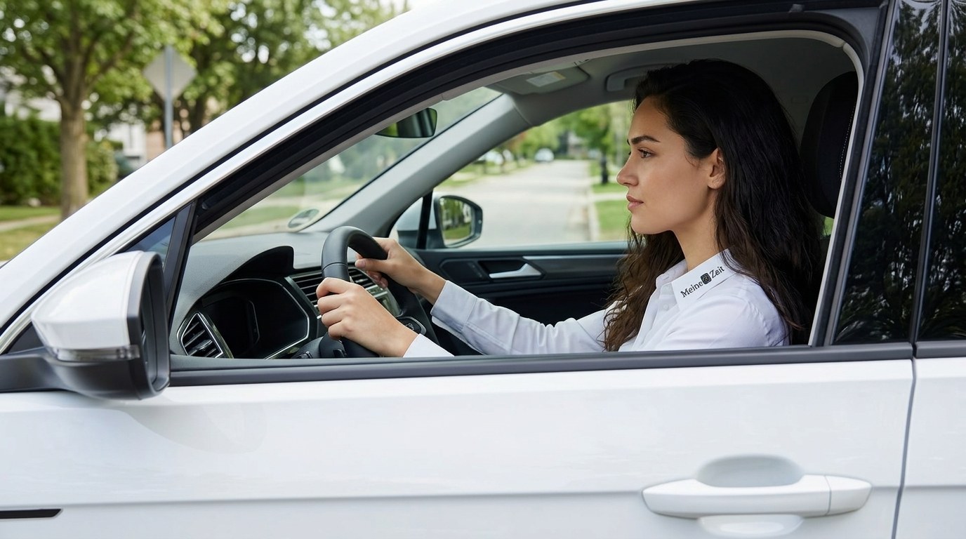 Junge Frau in weißer Bluse sitzt am Steuer eines Fahrschul-SUVs und blickt konzentriert auf die Straße – Fahrlehrerperspektive vom Beifahrersitz