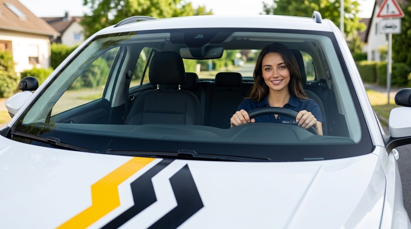 Junge Frau als Fahrschülerin auf dem Fahrersitz eines Fahrschul-Autos, Perspektive vom Beifahrersitz, Blick nach vorn durch die Windschutzscheibe
