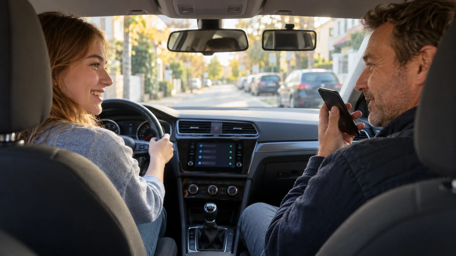 Fahrlehrer diktiert nach der Fahrstunde eine kurze Notiz