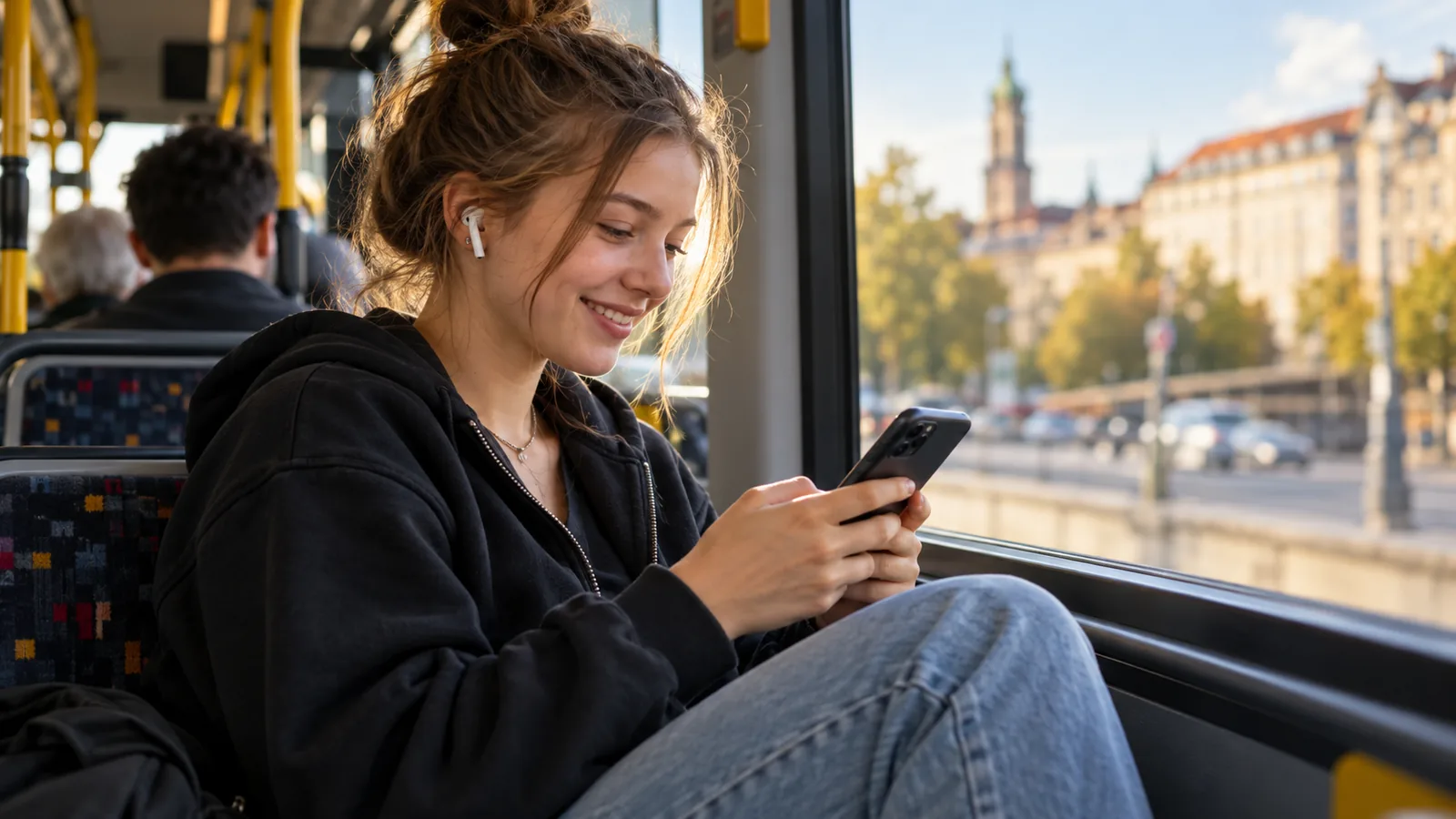 Fahrschülerin trägt im Bus ihre freien Zeiten ein